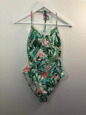 Tropical Leaf & Floral One-Piece Swimsuit - Green/Pink